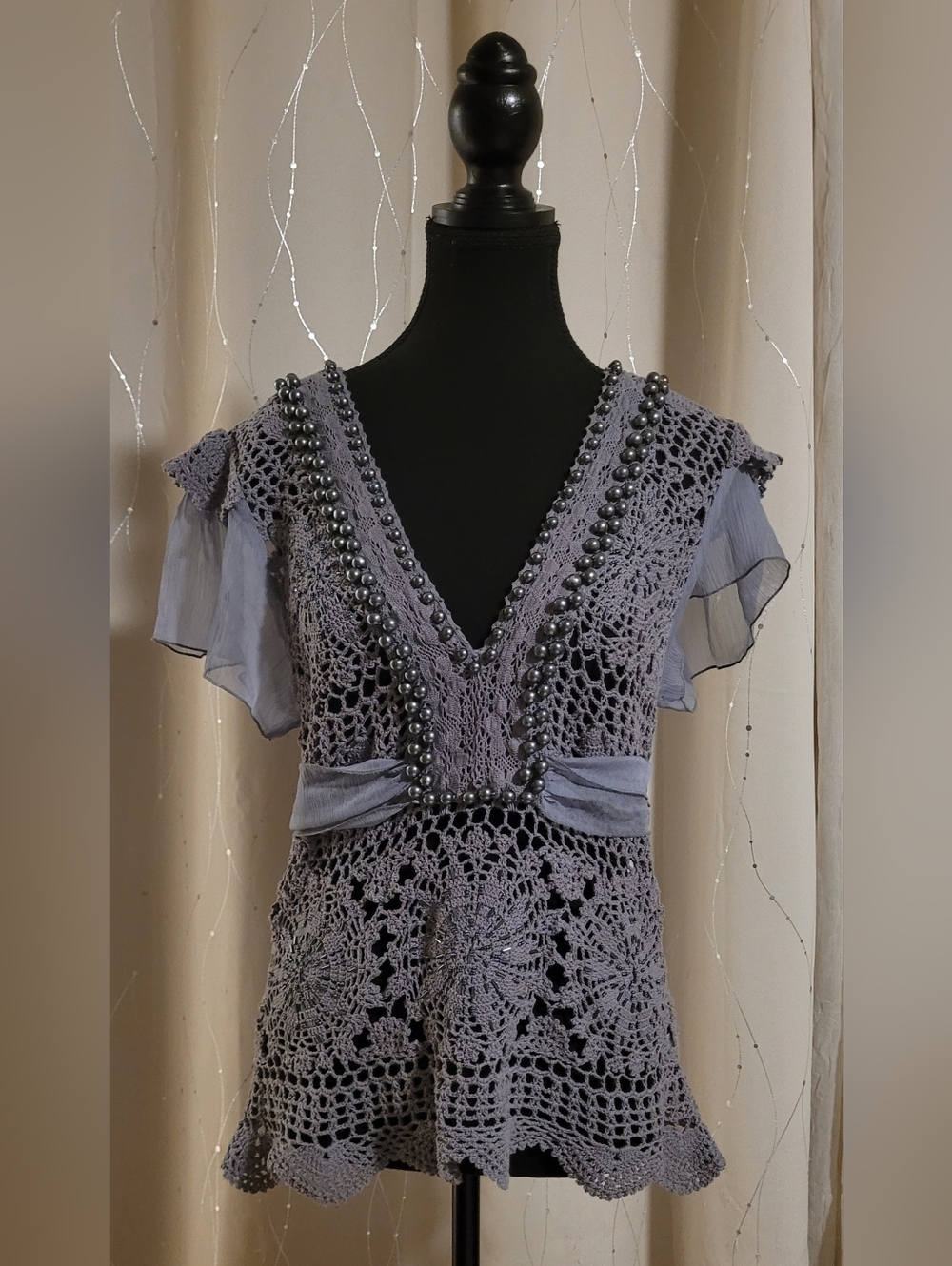 Vintage .STYLE. Smoky Grey Crochet Pearl Boho Top Size M